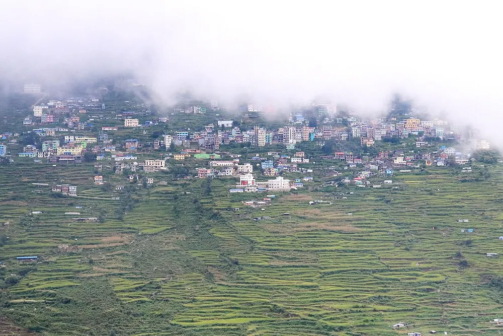 Dhunche, the headquarters of Rasuwa District, seen from the northeast side of the valley, 2019.