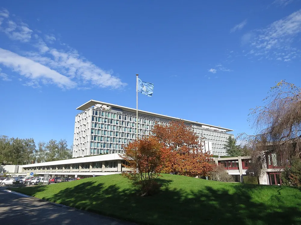 The main building of World Health Organization headquarters in Geneva, seen from the southwest.
