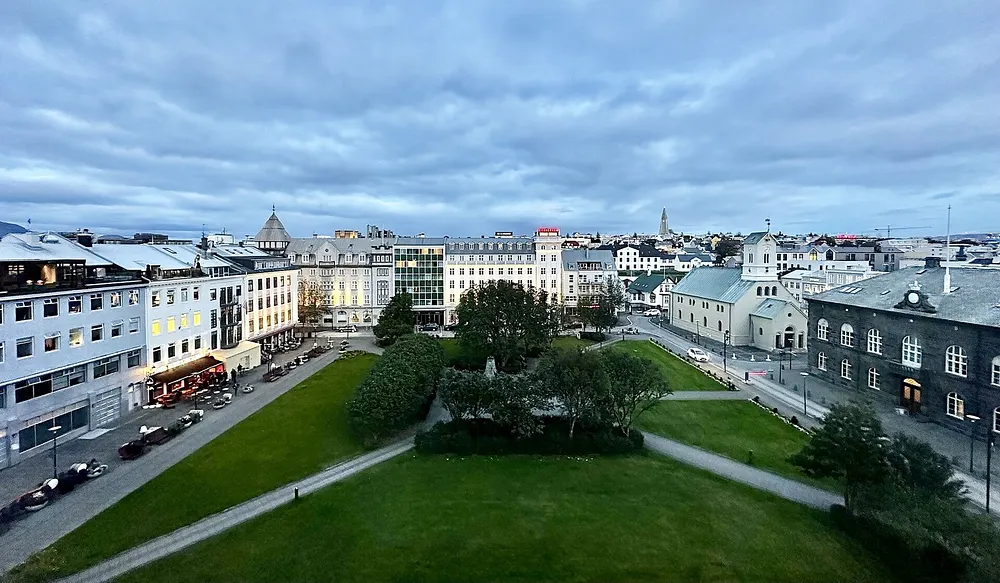 Austurvollur, the public square in Reykjavik, 18 September 2023, with Reykjavik Cathedral at right.