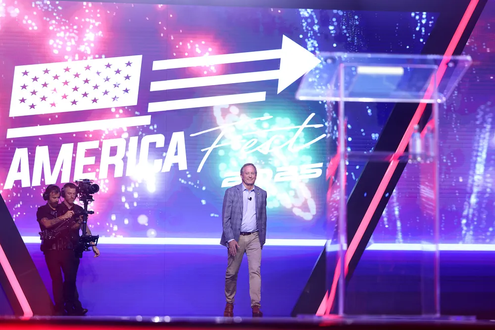 Texas Attorney General Ken Paxton speaking at AmericaFest in Phoenix, Arizona, 20 December 2025.
