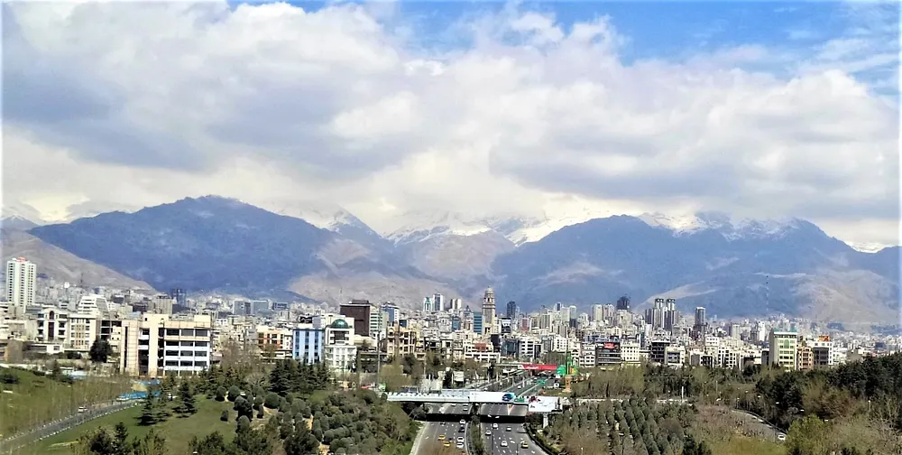 Tehran skyline from Tabiat Bridge, with the Alborz Mountains behind, 1 April 2015.