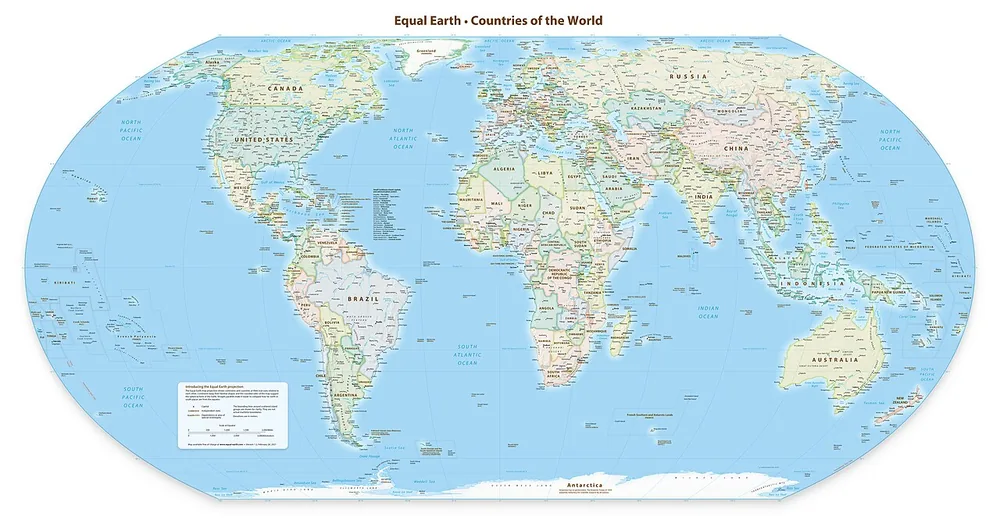Political wall map using the Equal Earth projection centered on the prime meridian, 26 February 2021.