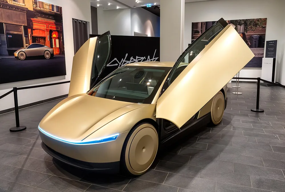 A Tesla Cybercab on display at the Mall of Berlin, Germany, 6 December 2024.