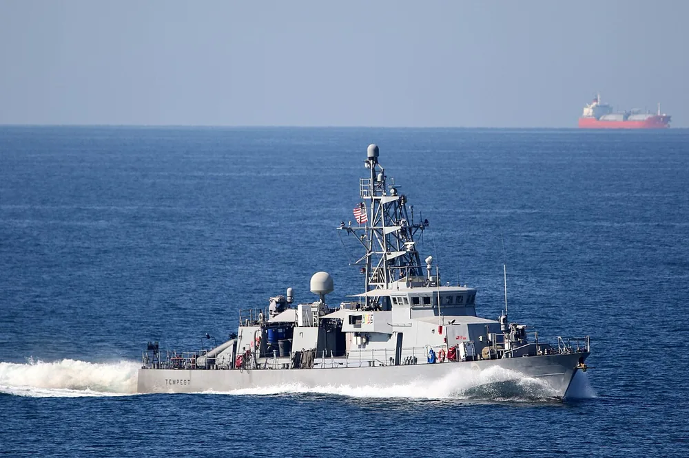 The coastal patrol ship USS Tempest (PC 2) transits the Strait of Hormuz on 2 December 2020.