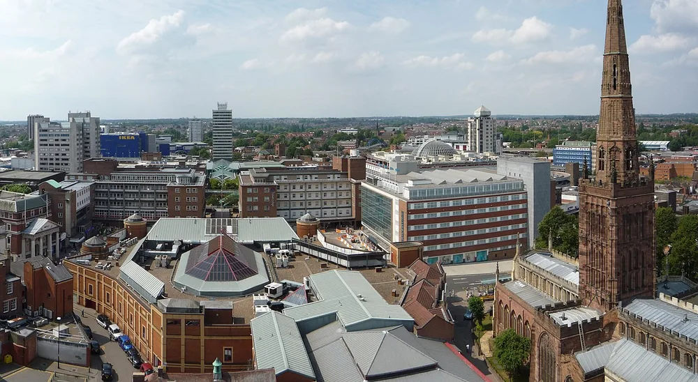 Coventry skyline looking west toward Broadgate, with Coventry Cathedral tower, England, 3 August 2011.