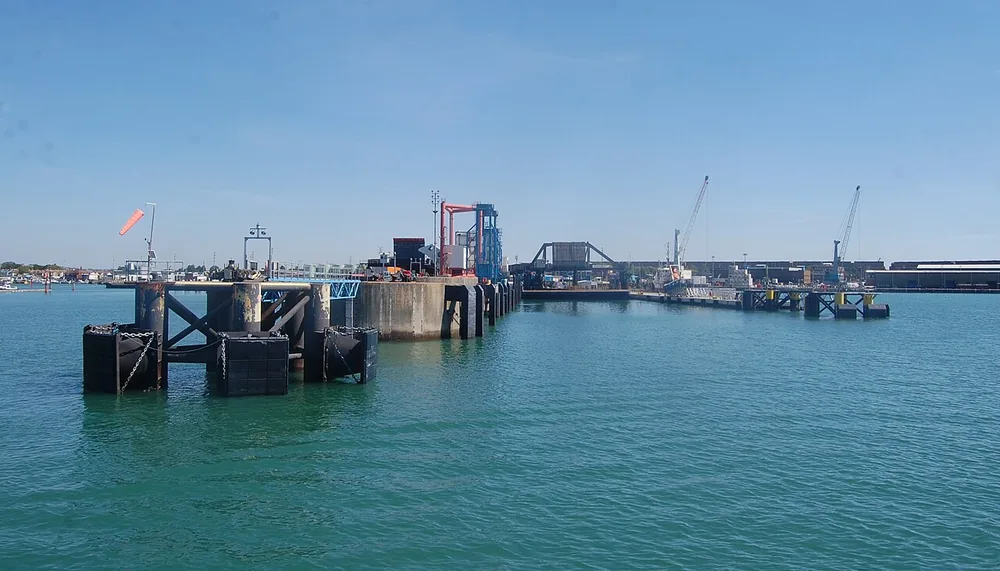 Portsmouth Continental Ferry Port viewed from a boat in Portsmouth Harbour, August 2022.