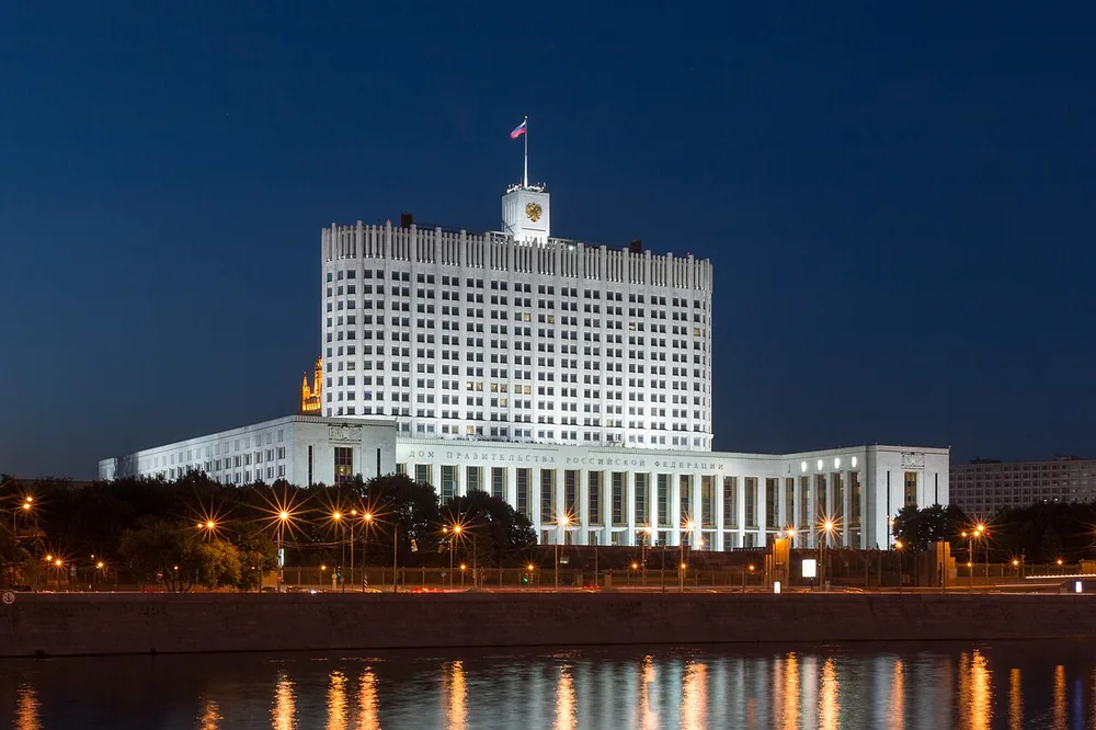 The White House of Russia (House of the Government) in Moscow, viewed from the Taras Shevchenko Embankment, 14 July 2014.