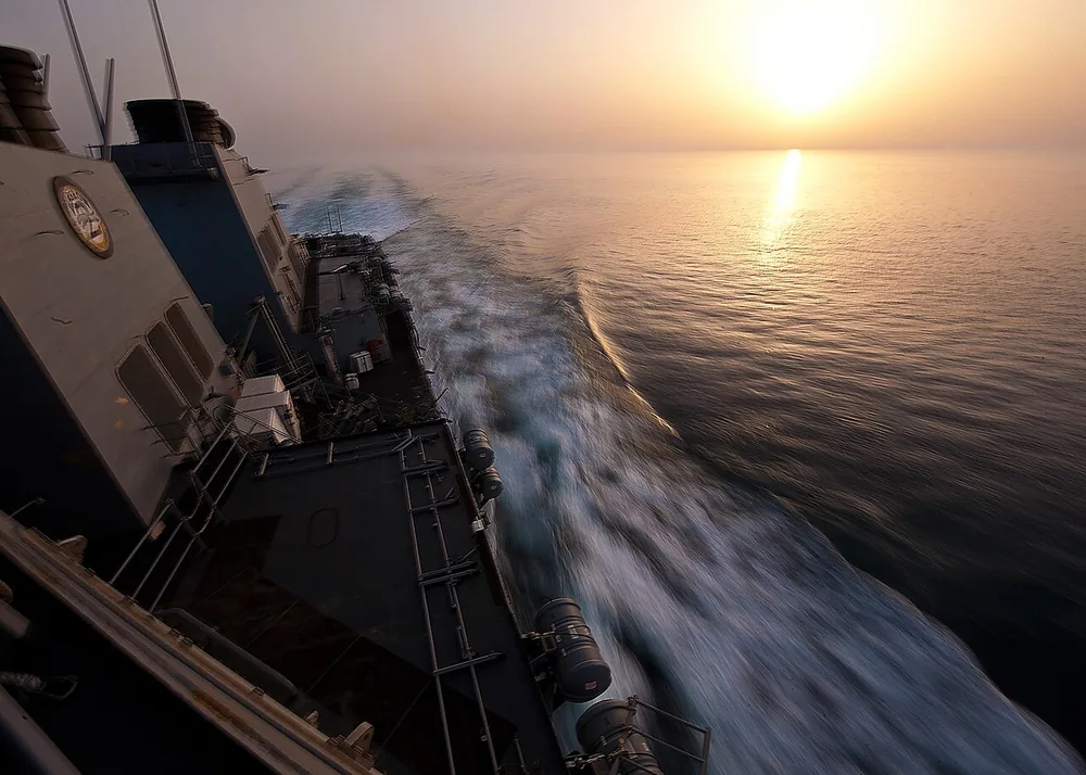The guided-missile destroyer USS Porter (DDG 78) transits the Strait of Hormuz on 11 May 2012.