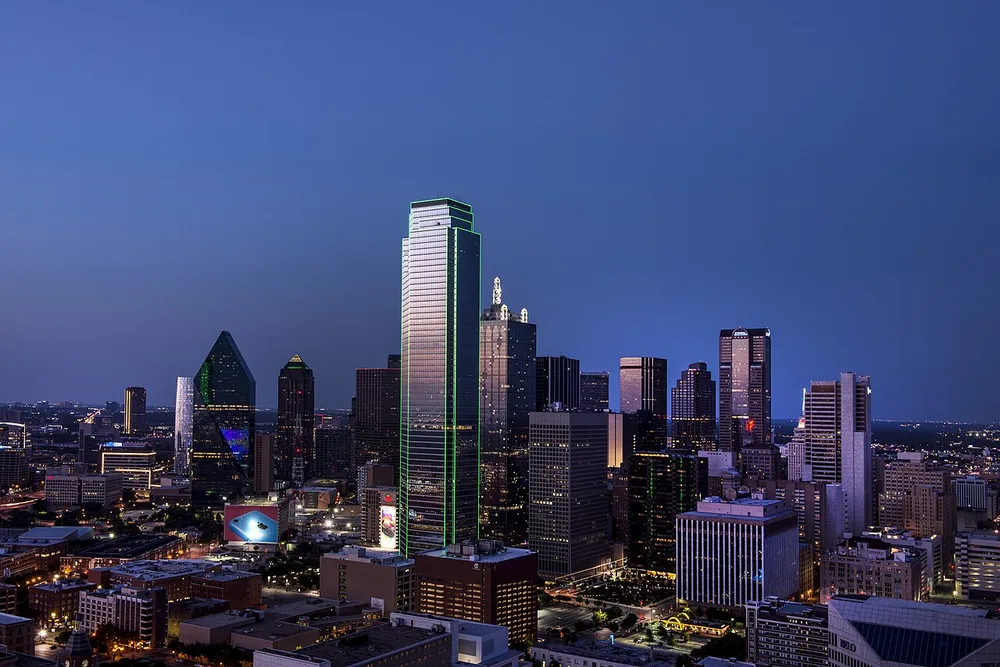 Downtown Dallas, Texas, at dusk.