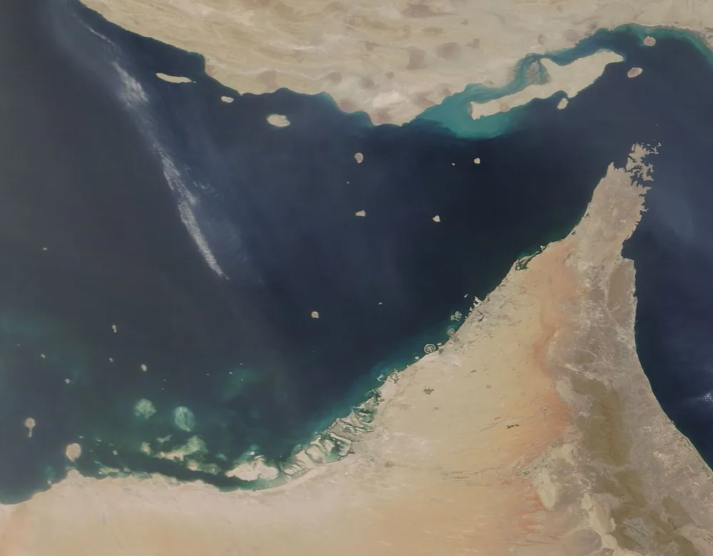 A NASA MODIS satellite view of southern Iran and the northern United Arab Emirates near the Strait of Hormuz approaches.