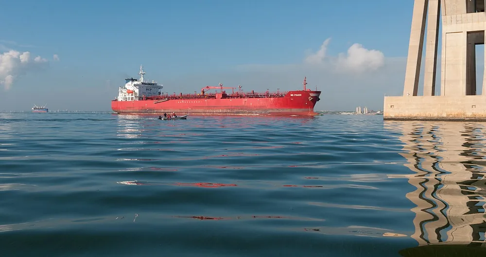 An oil tanker crossing the bridge over Lake Maracaibo, Venezuela.