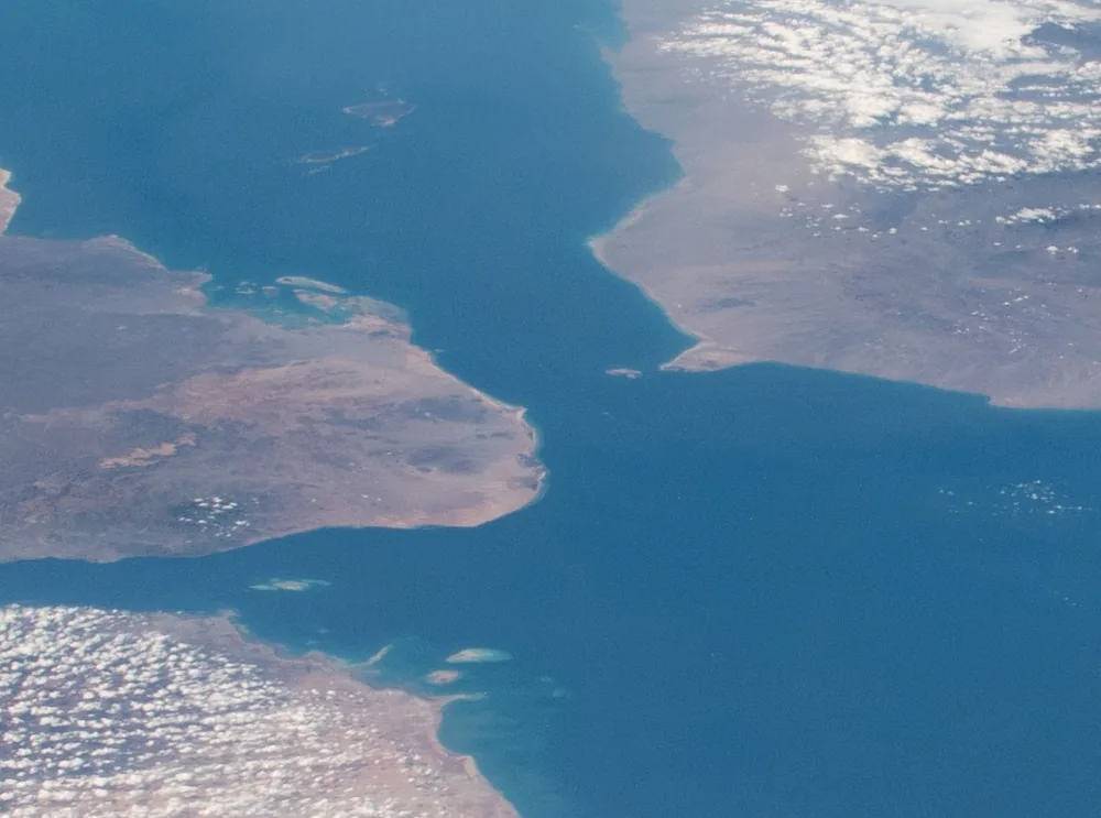 The Bab al-Mandeb Strait photographed from orbit by NASA.