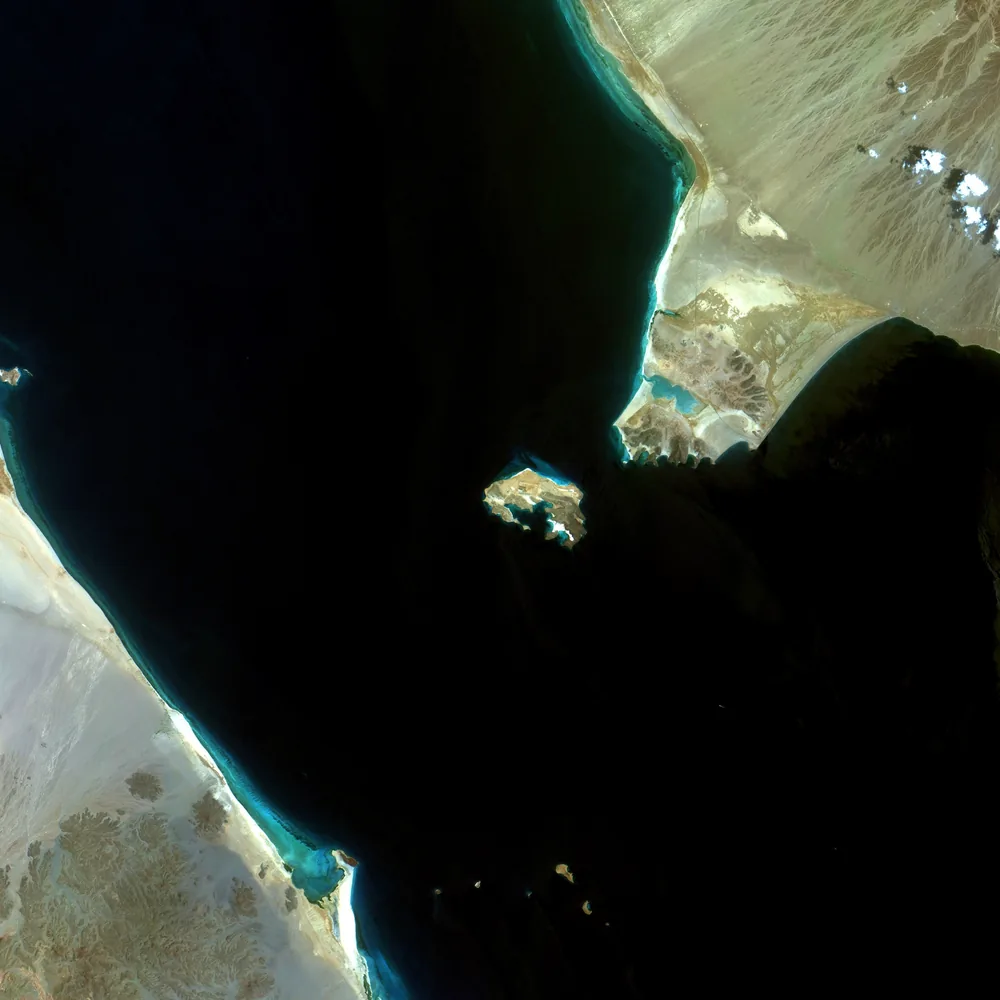 A satellite view of the Bab-el-Mandeb Strait at the southern end of the Red Sea.