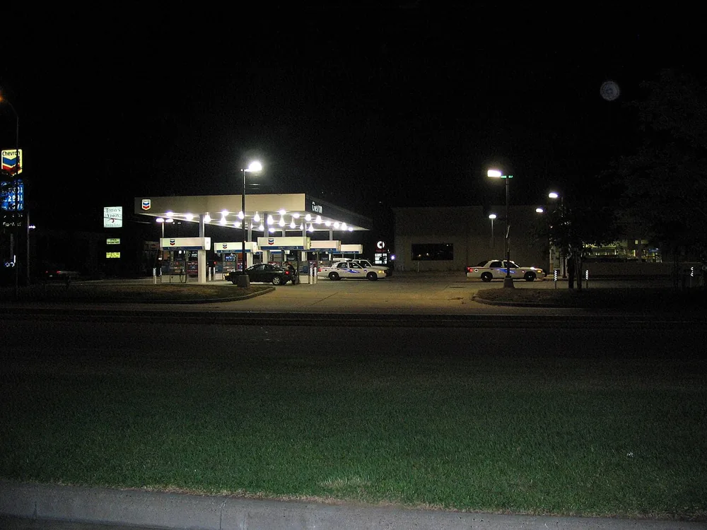 A Chevron fuel station on FM 1960 in Houston, Texas, at night, April 2006.