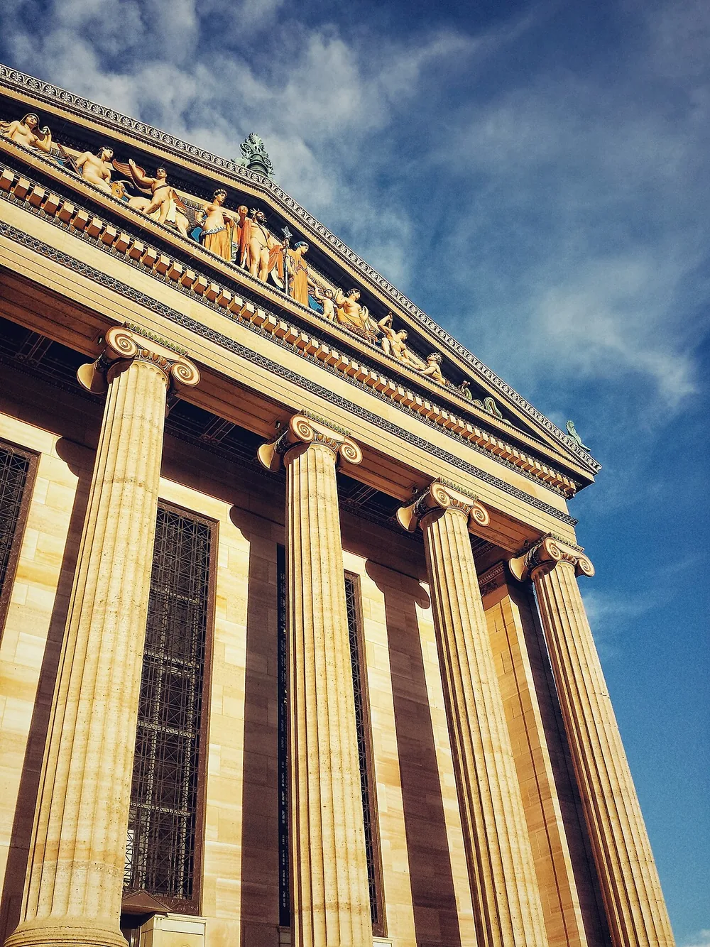 Columns in the courtyard of the Philadelphia Museum of Art on a sunny autumn day, November 2016.