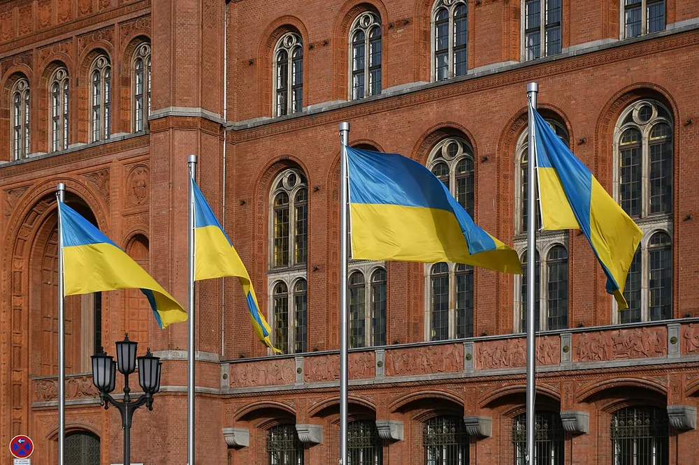 The Rotes Rathaus in Berlin, with the Ukrainian flag in front, 7 May 2025.