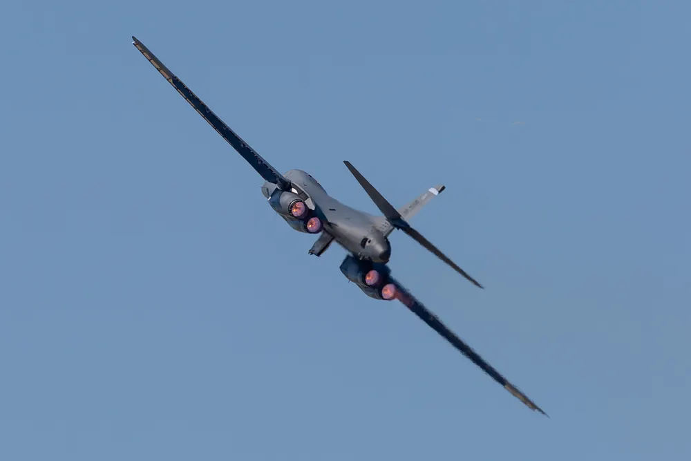 A B-1B Lancer in flight during an air show at Dyess Air Force Base, Texas. Photo: U.S. Air Force, public domain.