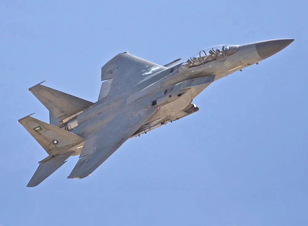 A Royal Saudi Air Force F-15 flies over training lanes during an exercise. Photo: U.S. Air Force, public domain.